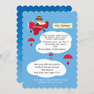 Cute Teddy Bear Pilot Airplane Shower by Mail Invitation