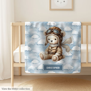 Cute Teddy Bear Pilot Baby Shower Gift Baby Boy Blanket