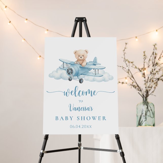 Cute Teddy Bear Pilot Baby Shower Welcome Sign (In Situ (Stand))