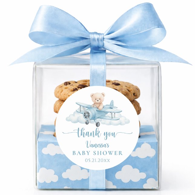 Cute Teddy Bear Pilot Blue Baby Shower Thank You Classic Round Sticker (Creator Uploaded)