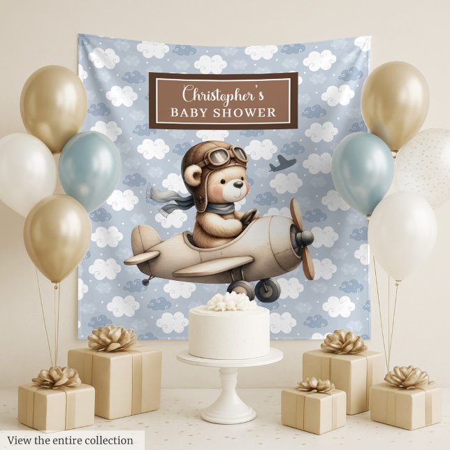 Cute teddy bear pilot boy shower celebration sign tapestry (Cute teddy bear pilot boy shower celebration sign Tapestry)