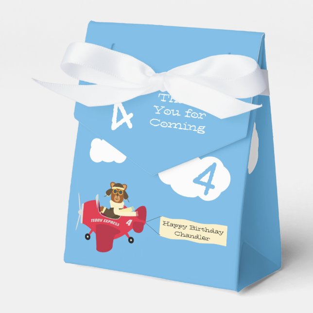 Cute Teddy Bear Pilot Custom Name and Age Birthday Favor Boxes (Front Side)