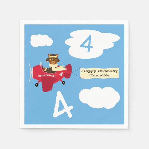 Cute Teddy Bear Pilot Custom Name and Age Birthday Napkins