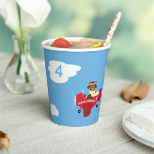 Cute Teddy Bear Pilot Custom Name and Age Birthday Paper Cups