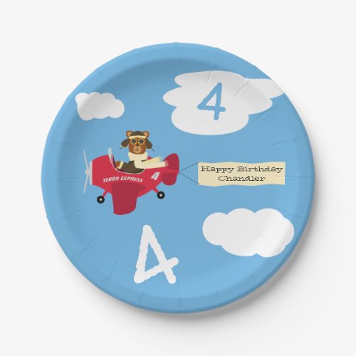 Cute Teddy Bear Pilot Custom Name and Age Birthday Paper Plates