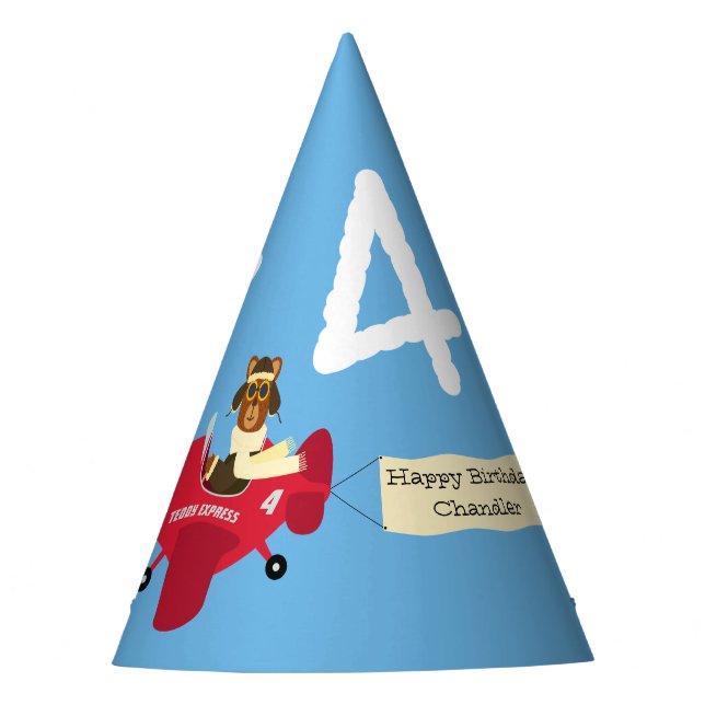 Cute Teddy Bear Pilot Custom Name and Age Birthday Party Hat (Front)