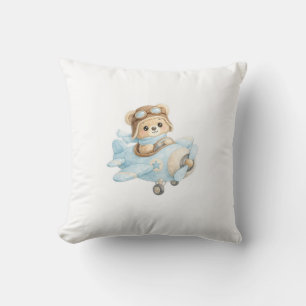 Cute Teddy Bear Pilot in Blue Airplane Adorable Throw Pillow
