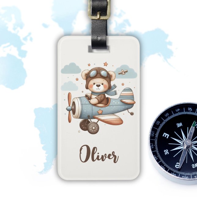 Cute Teddy Bear Pilot Personalized Luggage Tag (Creator Uploaded)