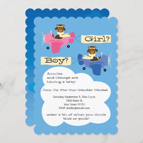 Cute Teddy Bear Pilots Airplane Gender Reveal Invitation