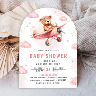 Cute Teddy Bear Pink Airplane Arch Baby Shower Invitation