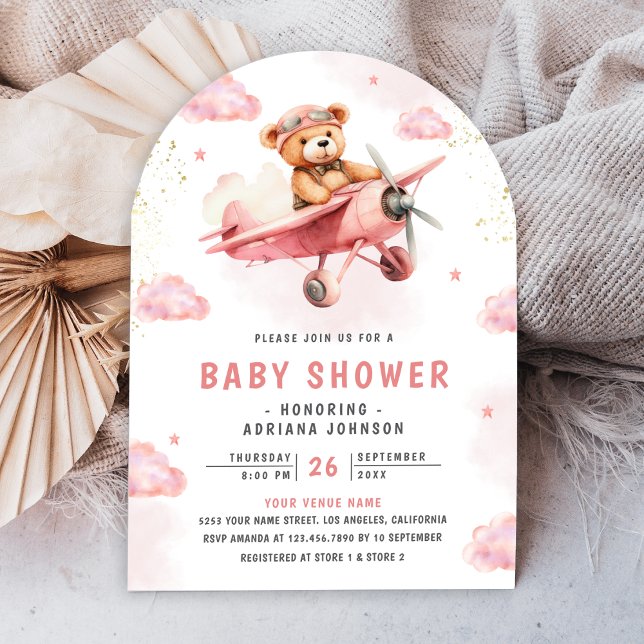 Cute Teddy Bear Pink Airplane Arch Baby Shower Invitation (Creator Uploaded)