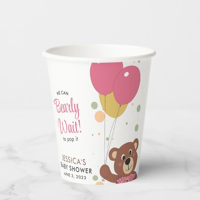 Cute Teddy Bear Pink and Gold Balloons Baby Shower Paper Cups (Front)