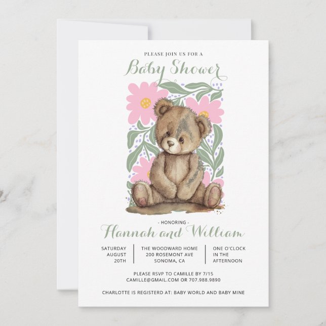 Cute Teddy Bear Pink Baby Shower Invitation (Front)