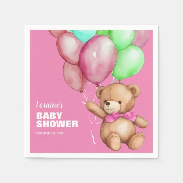 Cute Teddy Bear Pink Baby Shower Napkins (Front)