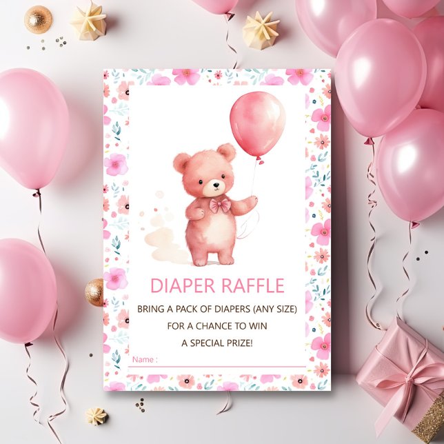  Cute Teddy Bear Pink Balloon Diaper Raffle Ticket Enclosure Card (Creator Uploaded)