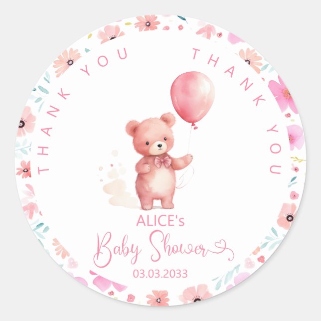  Cute Teddy Bear Pink Balloon Girl Baby Shower Classic Round Sticker (Front)