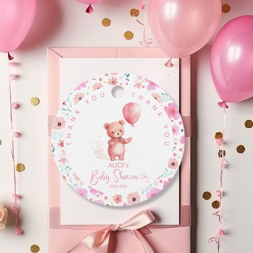  Cute Teddy Bear Pink Balloon Girl Baby Shower Favor Tags
