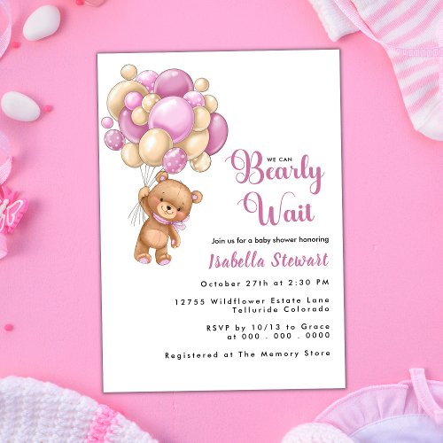 Cute Teddy Bear Pink Balloon Girl Baby Shower Invitation