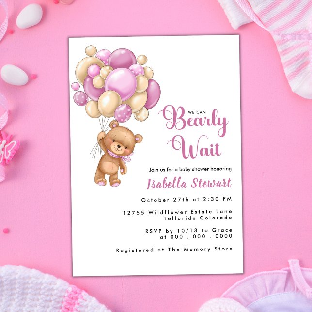 Cute Teddy Bear Pink Balloon Girl Baby Shower Invitation (Creator Uploaded)
