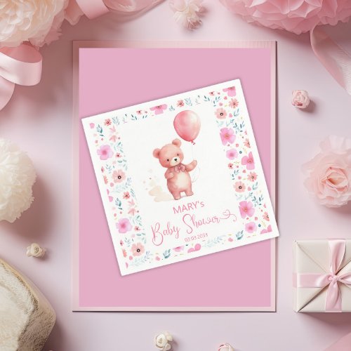 Cute Teddy Bear Pink Balloon Girl Baby Shower Napkins