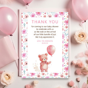 Cute Teddy Bear Pink Balloon Girl Baby Shower Thank You Card