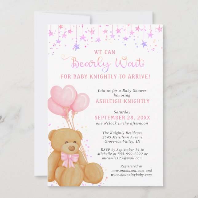 Cute Teddy Bear Pink Balloons Baby Shower Invitation (Front)