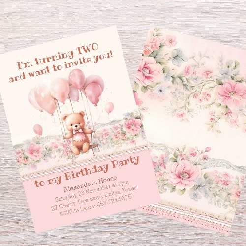 Cute Teddy Bear Pink Balloons Girl 2nd Birthday Invitation