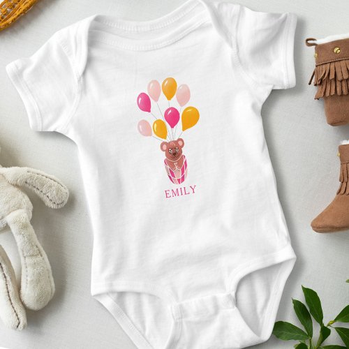 Cute Teddy Bear Pink Balloons Girl  Baby Bodysuit