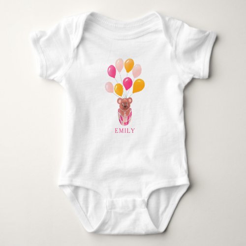 Cute Teddy Bear Pink Balloons Girl  Baby Bodysuit - Cute Teddy Bear Pink Balloons Girl Baby Bodysuit. A cute drawing of a teddy bear with pink and yellow balloons for a girl. Add your name or erase it.