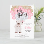Cute teddy bear pink balloons girl baby shower invitation (Standing Front)
