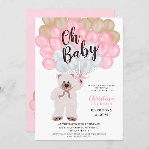 Cute teddy bear pink balloons girl baby shower invitation
