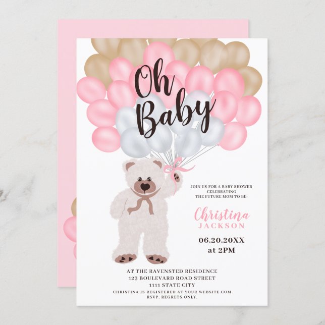 Cute teddy bear pink balloons girl baby shower invitation (Front/Back)