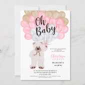 Cute teddy bear pink balloons girl baby shower invitation (Front)
