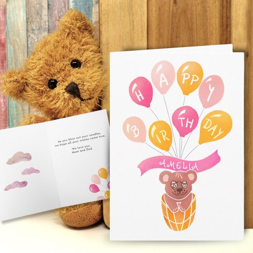 Cute Teddy Bear Pink Balloons Girl Birthday Card