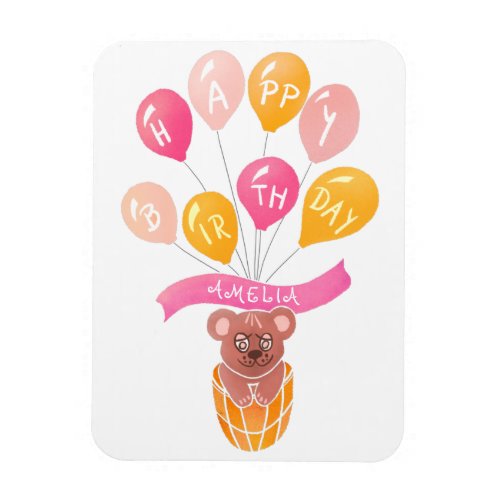 Cute Teddy Bear Pink Balloons Girl Birthday Card Magnet
