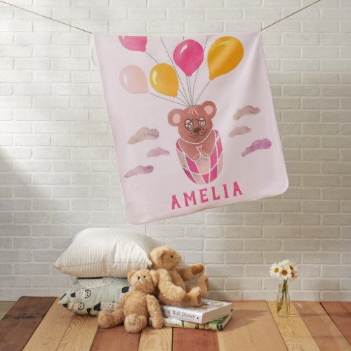 Cute Teddy Bear Pink Balloons Girl`s Name  Baby Blanket - Cute Teddy Bear Pink Balloons Girl`s Name baby blanket. A cute drawing of a teddy bear with pink and yellow balloons for a baby girl. Add your name.