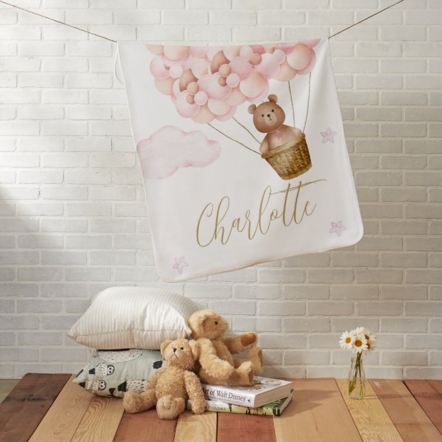 Cute Teddy Bear Pink Balloons Gold Script Baby Blanket (In Situ)