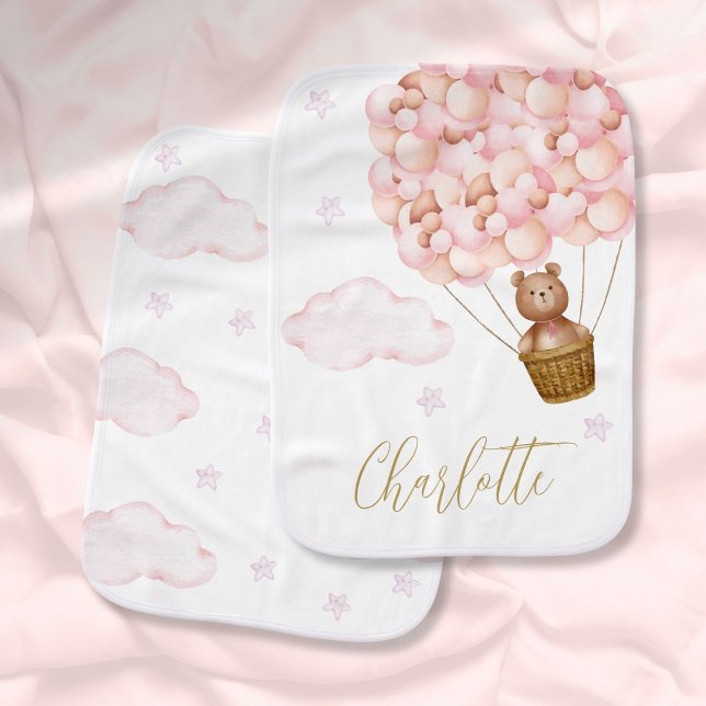 Cute Teddy Bear Pink Balloons Gold Script Baby Burp Cloth (Cute Teddy Bear Pink Balloons Gold Script Baby Burp Cloth)