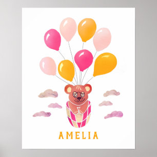 Cute Teddy Bear Pink Balloons Kid`s Name Poster