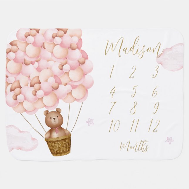 Cute Teddy Bear Pink Balloons Milestone Baby Blanket (Horizontal)