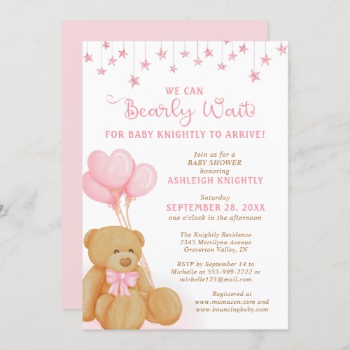 Cute Teddy Bear Pink Balloons Stars Baby Shower Invitation
