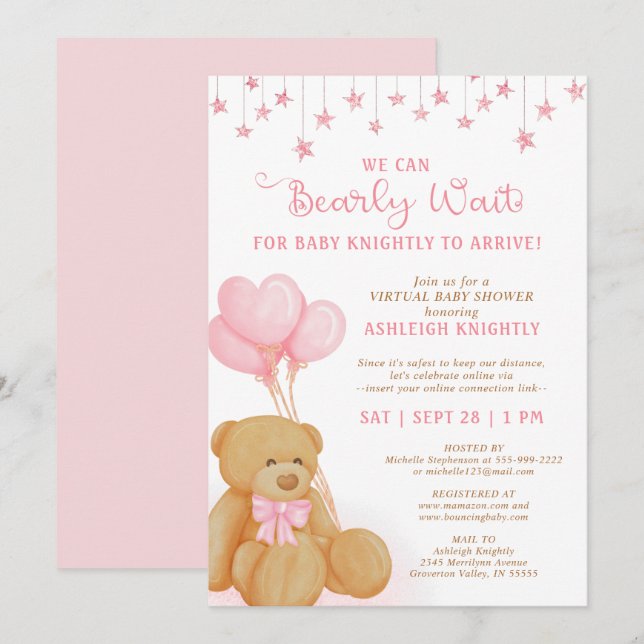 Cute Teddy Bear Pink Balloons Virtual Baby Shower Invitation (Front/Back)