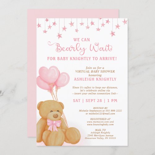 Cute Teddy Bear Pink Balloons Virtual Baby Shower Invitation