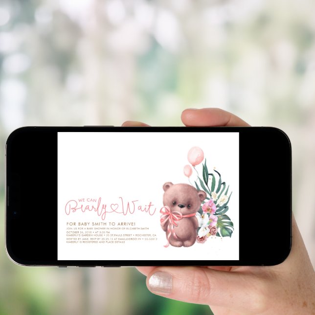 Cute Teddy Bear Pink Bearly Wait Girl Baby Shower Invitation (Front Digital)