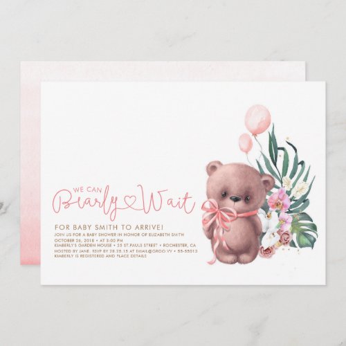 Cute Teddy Bear Pink Bearly Wait Girl Baby Shower Invitation