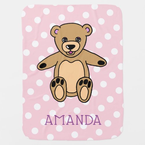 Cute Teddy Bear Pink Dot Pattern Baby Girl Name Baby Blanket