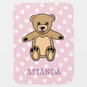 Cute Teddy Bear Pink Dot Pattern Baby Girl Name Blanket