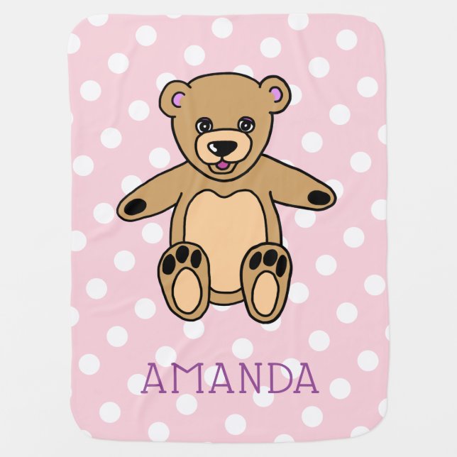 Cute Teddy Bear Pink Dot Pattern Baby Girl Name Blanket (Front)