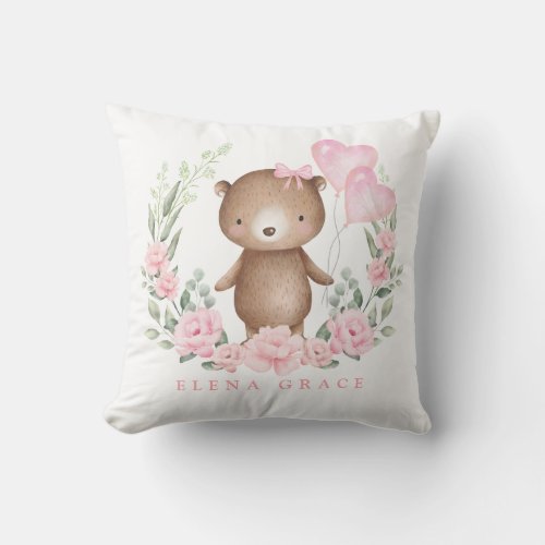 Cute Teddy Bear Pink Floral Baby Girl Nursery Throw Pillow