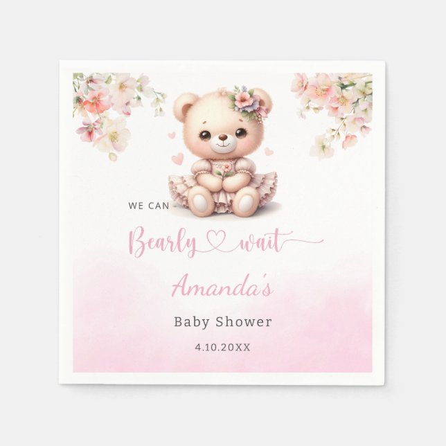 Cute Teddy Bear pink floral girl baby shower  Napkins (Front)